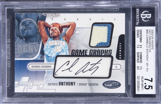 2003-04 Fleer Hoops "Hot Prospects" #95 Carmelo Anthony Signed Patch Rookie Card (#087/400) - BGS NEAR MINT+ 7.5/ BGS 10